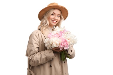 Photo of Happy woman with bouquet of beautiful peonies on white background