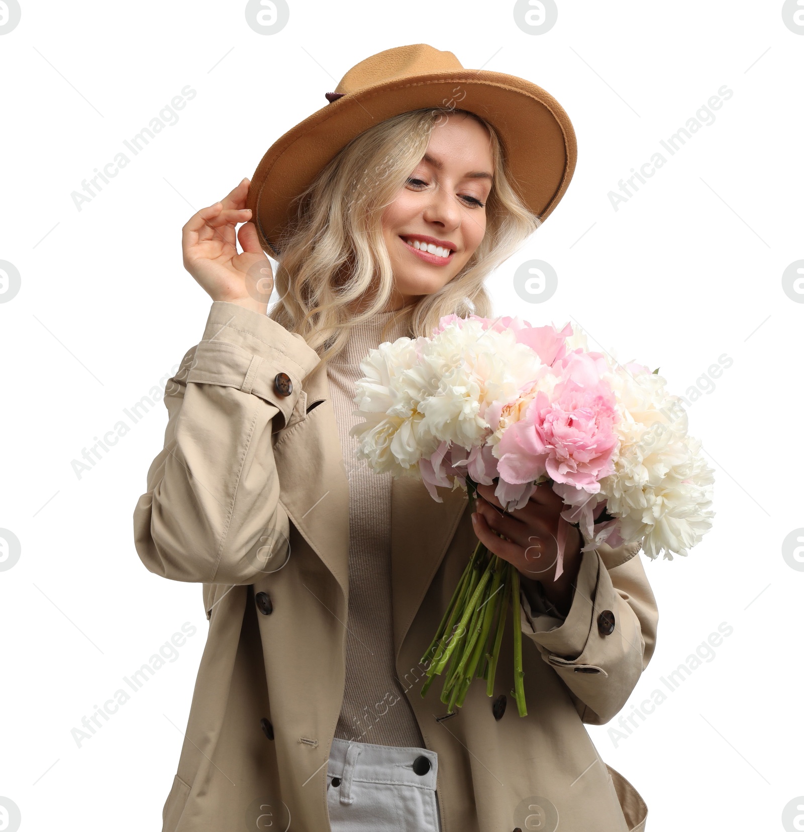 Photo of Happy woman with bouquet of beautiful peonies on white background