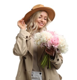 Photo of Happy woman with bouquet of beautiful peonies on white background