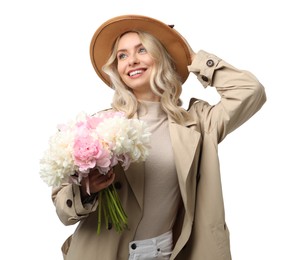 Photo of Happy woman with bouquet of beautiful peonies on white background