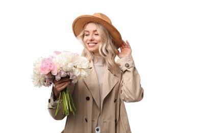 Photo of Happy woman with bouquet of beautiful peonies on white background