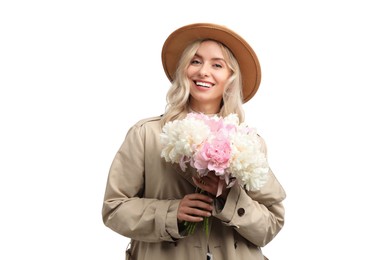 Photo of Happy woman with bouquet of beautiful peonies on white background