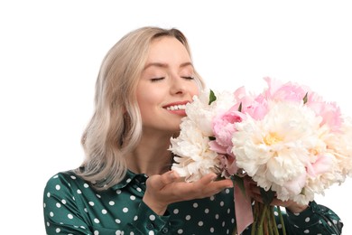 Photo of Happy woman with bouquet of beautiful peonies on white background