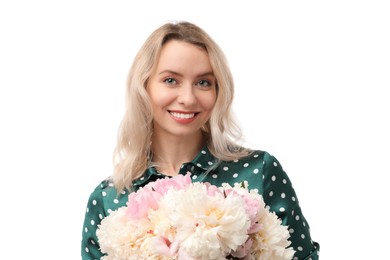 Photo of Happy woman with bouquet of beautiful peonies on white background