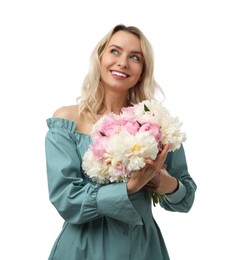 Photo of Happy woman with bouquet of beautiful peonies on white background