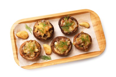 Photo of Delicious stuffed mushrooms with melted cheese, garlic and dill isolated on white, top view