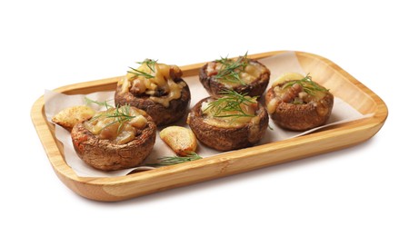Photo of Delicious stuffed mushrooms with melted cheese, garlic and dill isolated on white