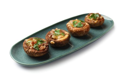 Photo of Delicious stuffed mushrooms with melted cheese and parsley isolated on white
