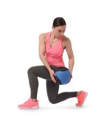 Photo of Athletic woman exercising with medicine ball on white background