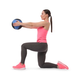 Photo of Athletic woman exercising with medicine ball on white background