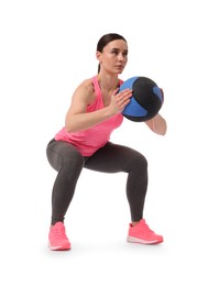 Photo of Athletic woman exercising with medicine ball on white background