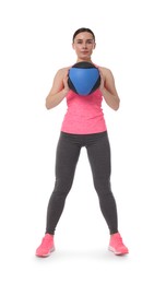 Photo of Woman with medicine ball on white background