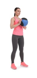 Photo of Woman with medicine ball on white background