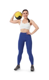 Photo of Woman with medicine ball on white background