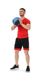 Photo of Man exercising with medicine ball on white background
