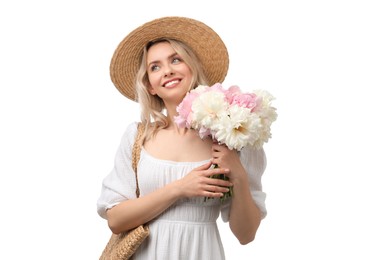 Photo of Happy woman with bouquet of beautiful peonies on white background