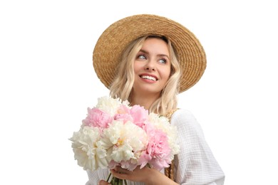 Photo of Happy woman with bouquet of beautiful peonies on white background