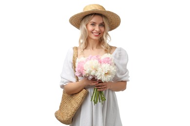 Photo of Happy woman with bouquet of beautiful peonies on white background