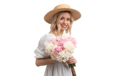 Photo of Happy woman with bouquet of beautiful peonies on white background