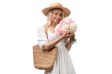 Photo of Happy woman with bouquet of beautiful peonies on white background