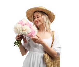 Photo of Happy woman with bouquet of beautiful peonies on white background