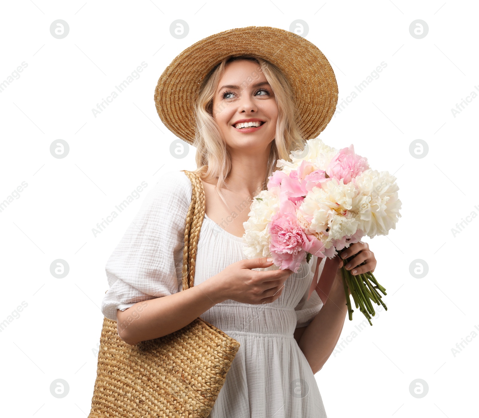 Photo of Happy woman with bouquet of beautiful peonies on white background