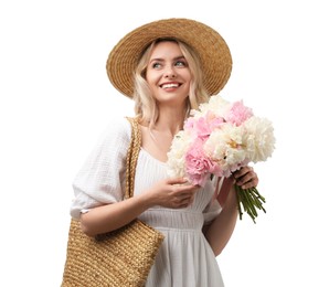 Photo of Happy woman with bouquet of beautiful peonies on white background