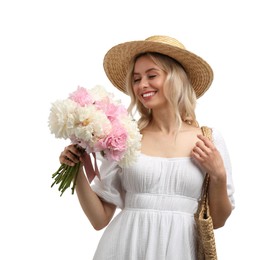 Photo of Happy woman with bouquet of beautiful peonies on white background