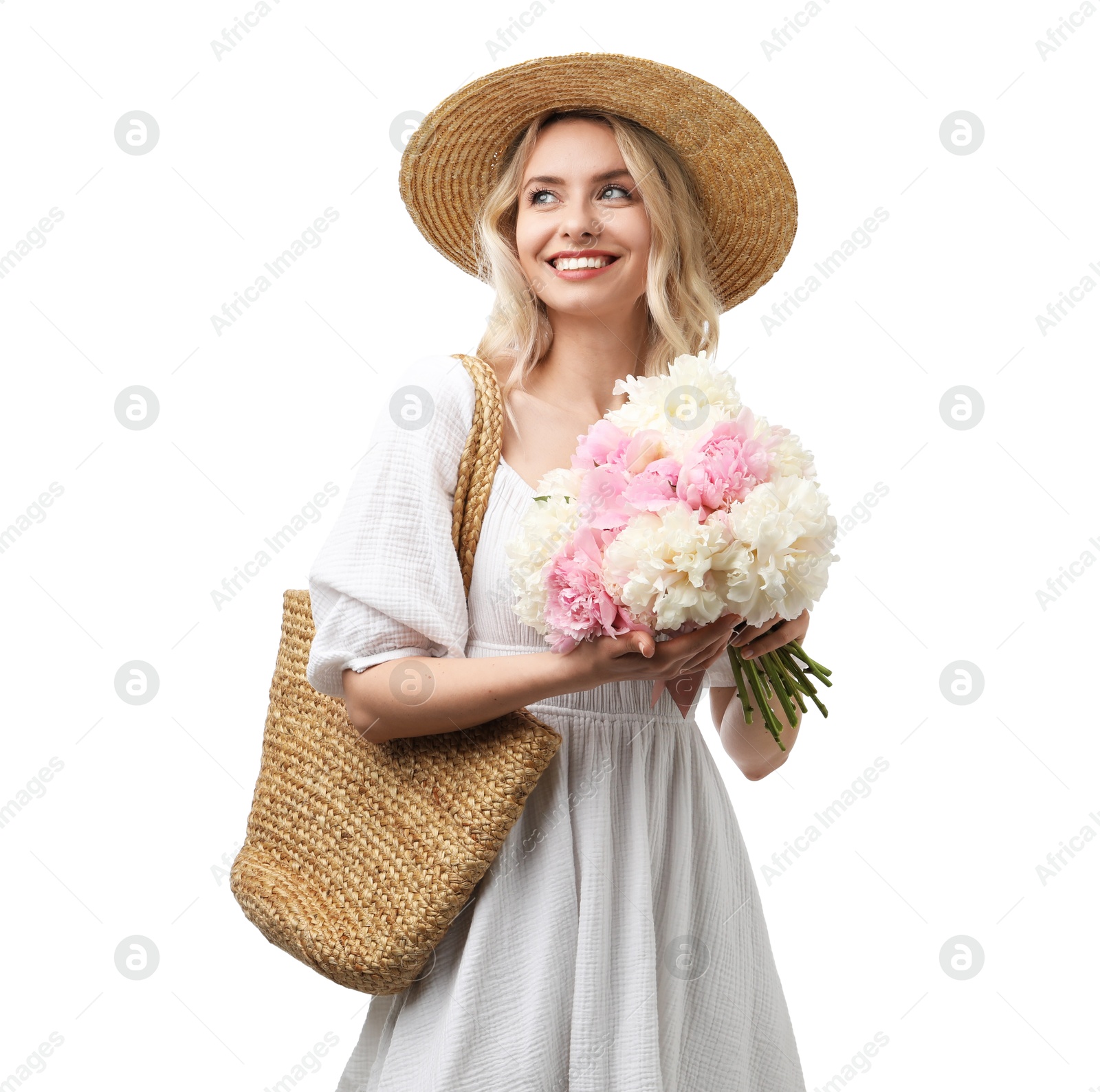 Photo of Happy woman with bouquet of beautiful peonies on white background
