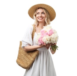 Photo of Happy woman with bouquet of beautiful peonies on white background