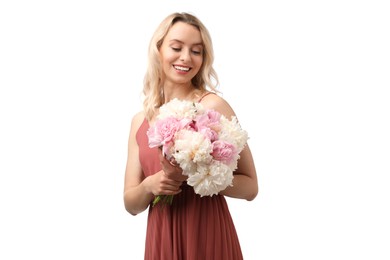 Photo of Happy woman with bouquet of beautiful peonies on white background