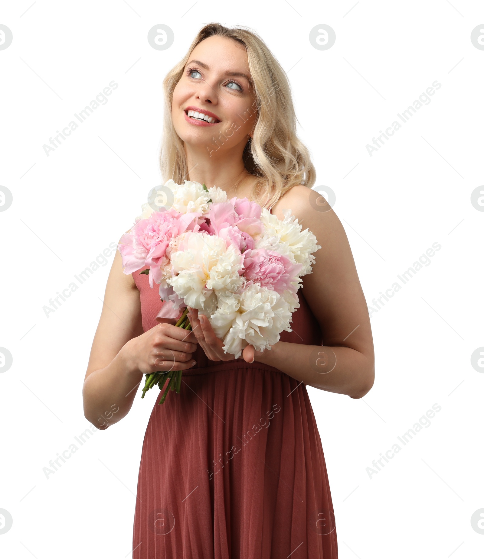 Photo of Happy woman with bouquet of beautiful peonies on white background