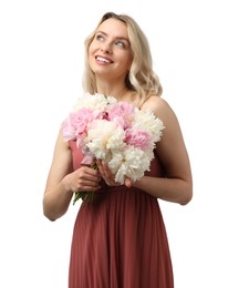 Photo of Happy woman with bouquet of beautiful peonies on white background