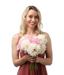 Photo of Happy woman with bouquet of beautiful peonies on white background
