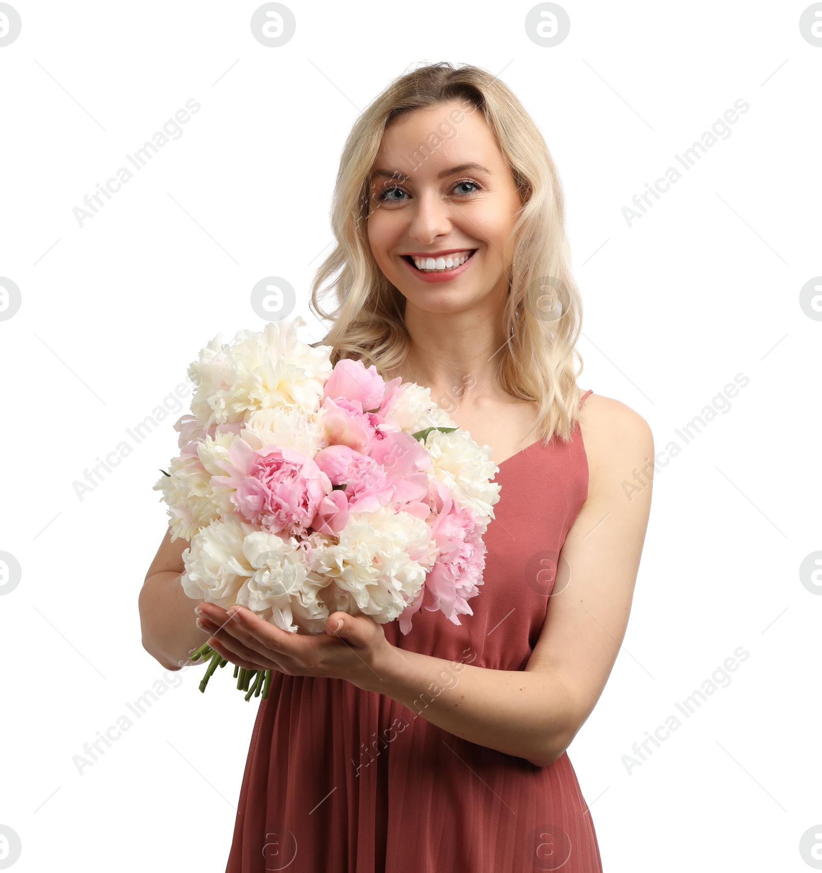 Photo of Happy woman with bouquet of beautiful peonies on white background