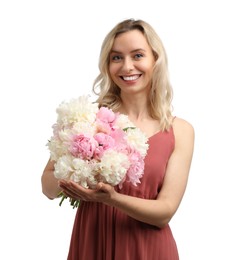 Photo of Happy woman with bouquet of beautiful peonies on white background