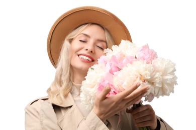 Photo of Happy woman with bouquet of beautiful peonies on white background