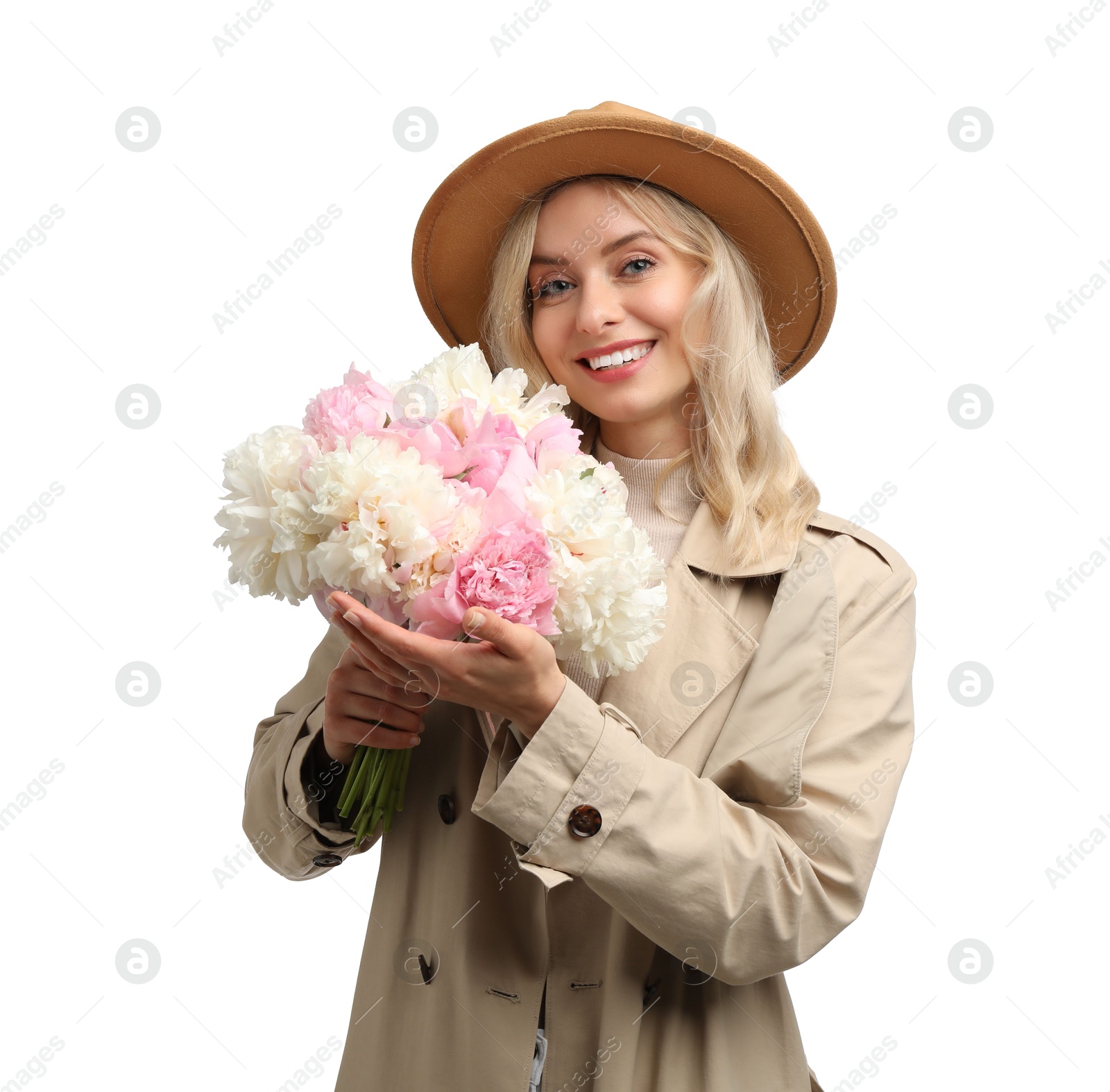 Photo of Happy woman with bouquet of beautiful peonies on white background