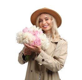 Photo of Happy woman with bouquet of beautiful peonies on white background