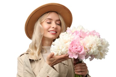 Photo of Happy woman with bouquet of beautiful peonies on white background