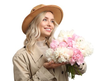 Photo of Happy woman with bouquet of beautiful peonies on white background