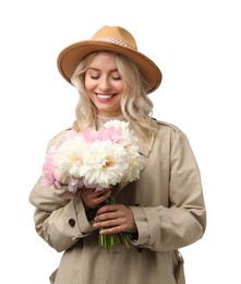 Photo of Happy woman with bouquet of beautiful peonies on white background