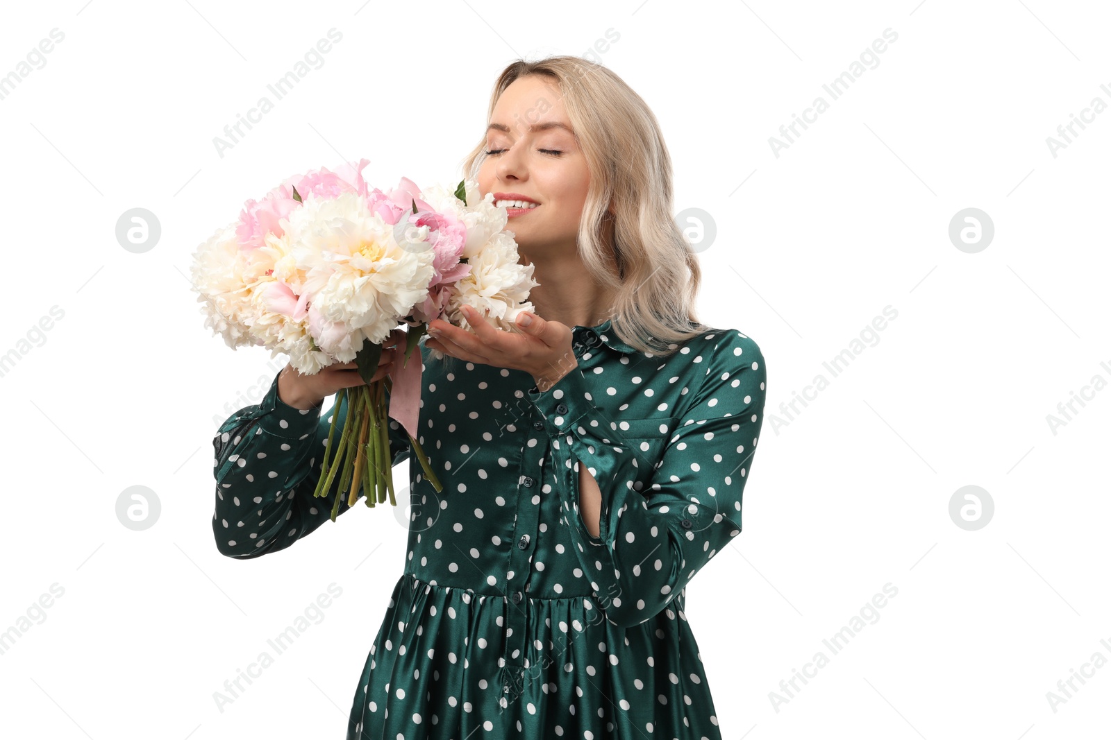 Photo of Happy woman with bouquet of beautiful peonies on white background