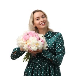 Photo of Happy woman with bouquet of beautiful peonies on white background