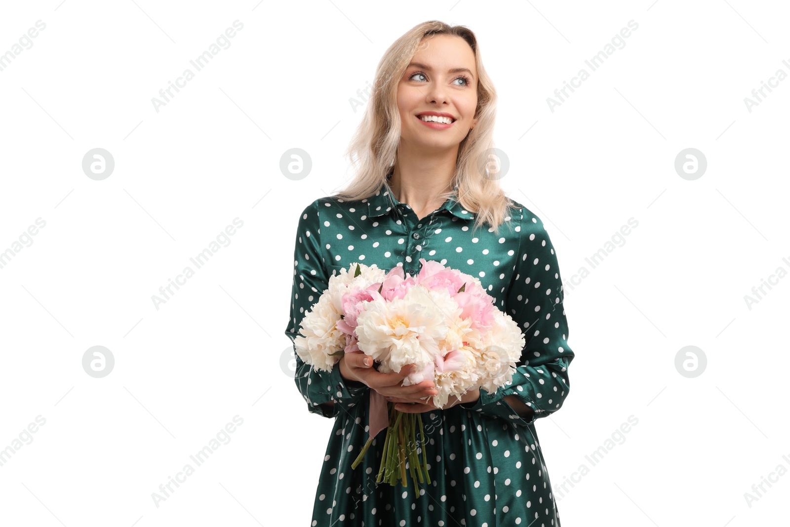 Photo of Happy woman with bouquet of beautiful peonies on white background