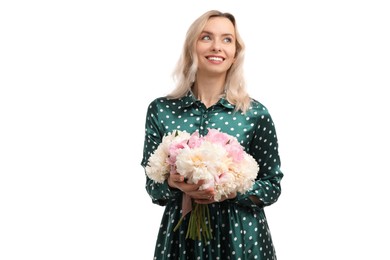 Photo of Happy woman with bouquet of beautiful peonies on white background