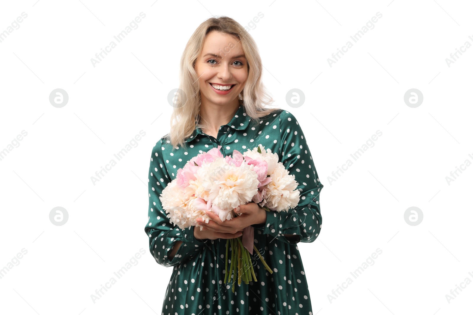 Photo of Happy woman with bouquet of beautiful peonies on white background