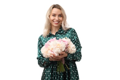 Photo of Happy woman with bouquet of beautiful peonies on white background