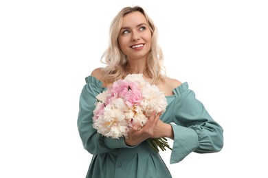 Photo of Happy woman with bouquet of beautiful peonies on white background