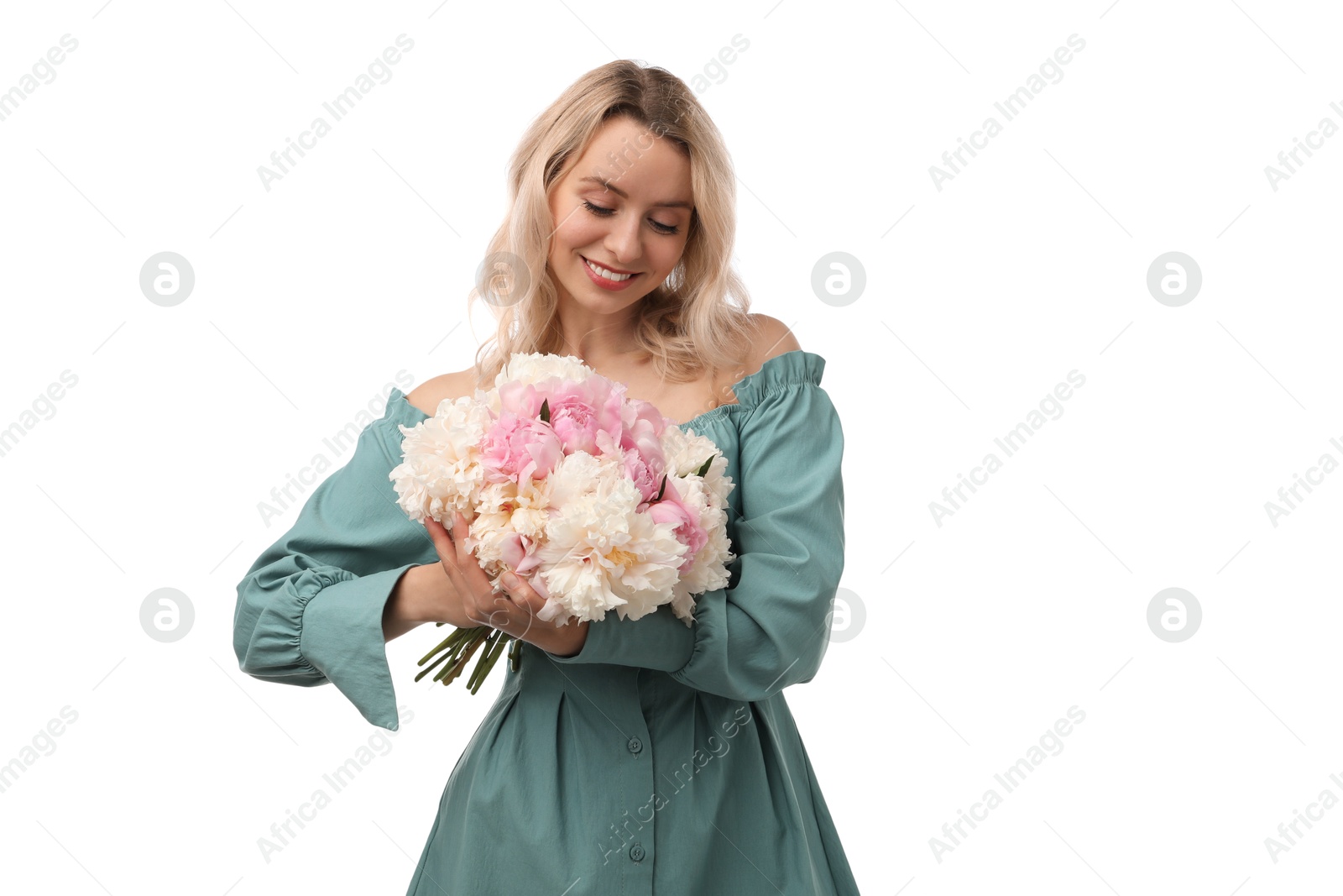 Photo of Happy woman with bouquet of beautiful peonies on white background